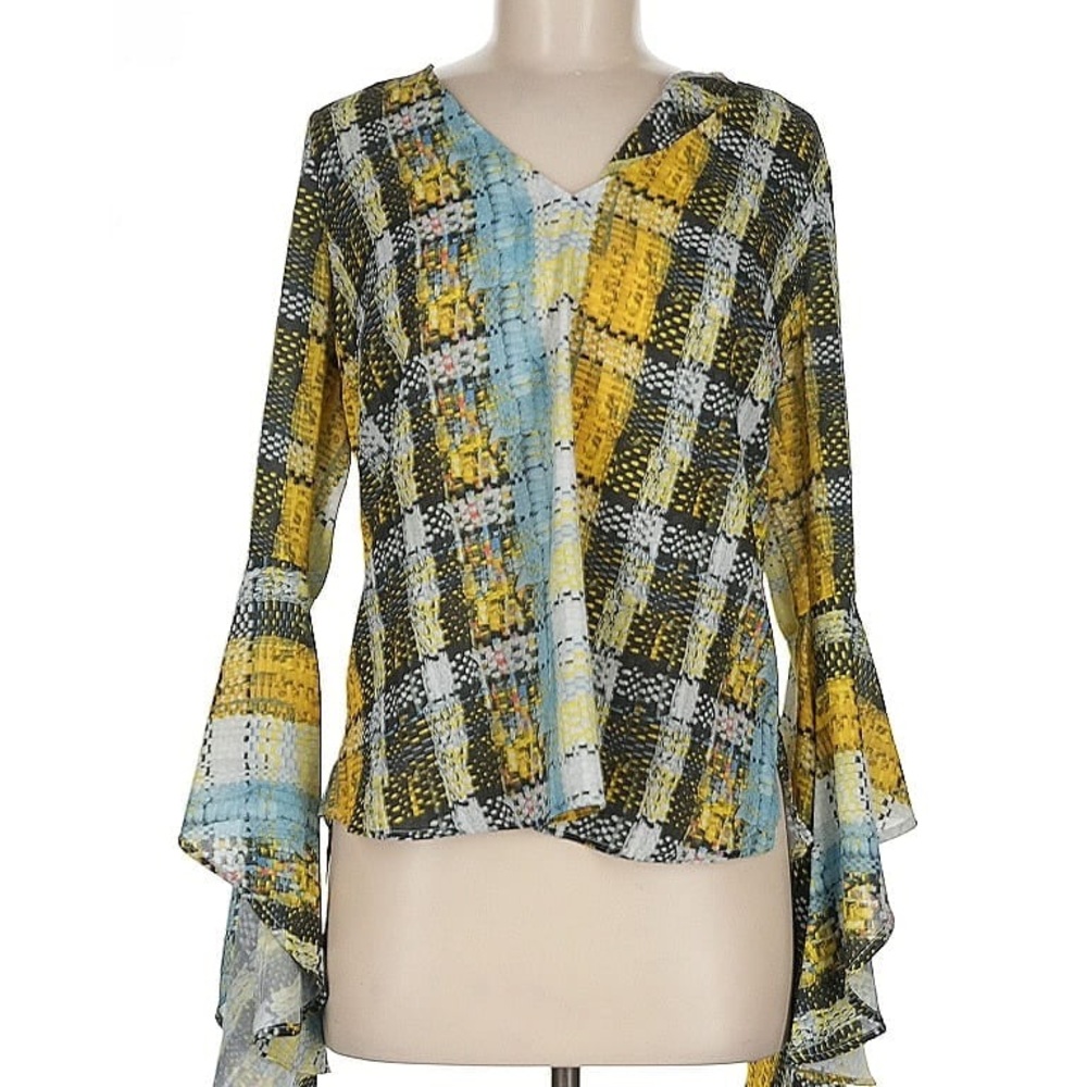 Project RUNWAY Yellow and Black Asymmetrical Bell Sleeve Blouse